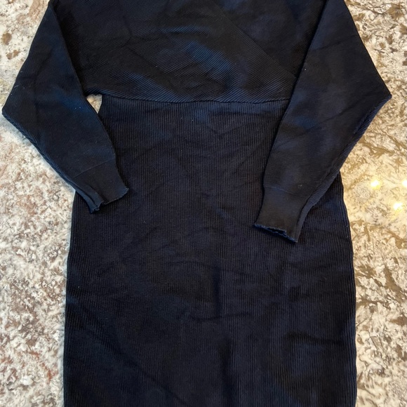 Small Medium Womens Sweater Dress Black Ribbed Long Sleeve Fall Winter Surplice - Picture 2 of 16